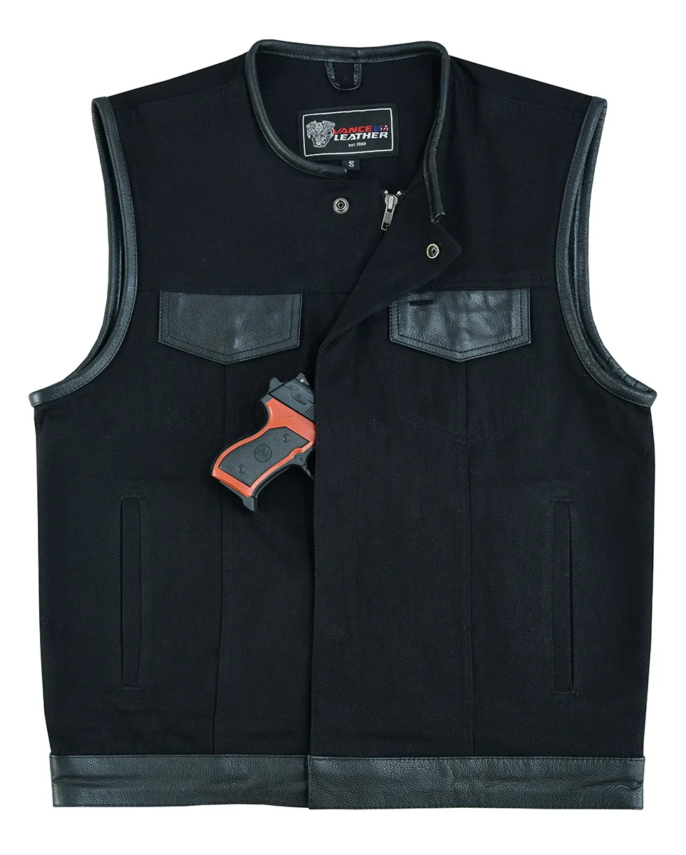 VB919L Denim Black Collarless Club Vest with Leather trims