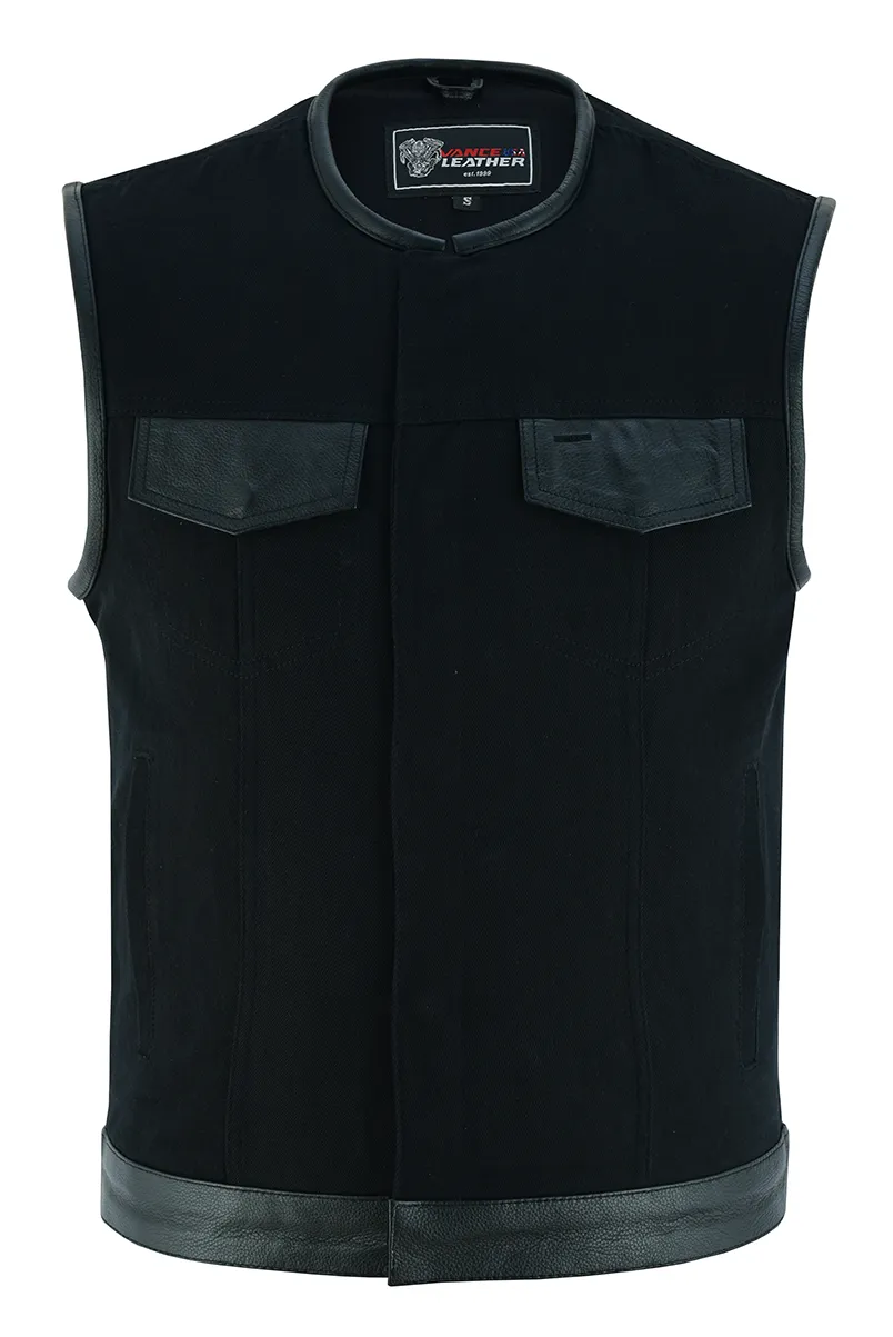 VB919L Denim Black Collarless Club Vest with Leather trims