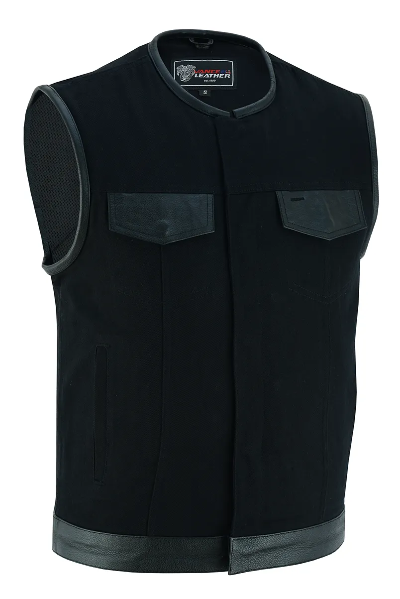 VB919L Denim Black Collarless Club Vest with Leather trims