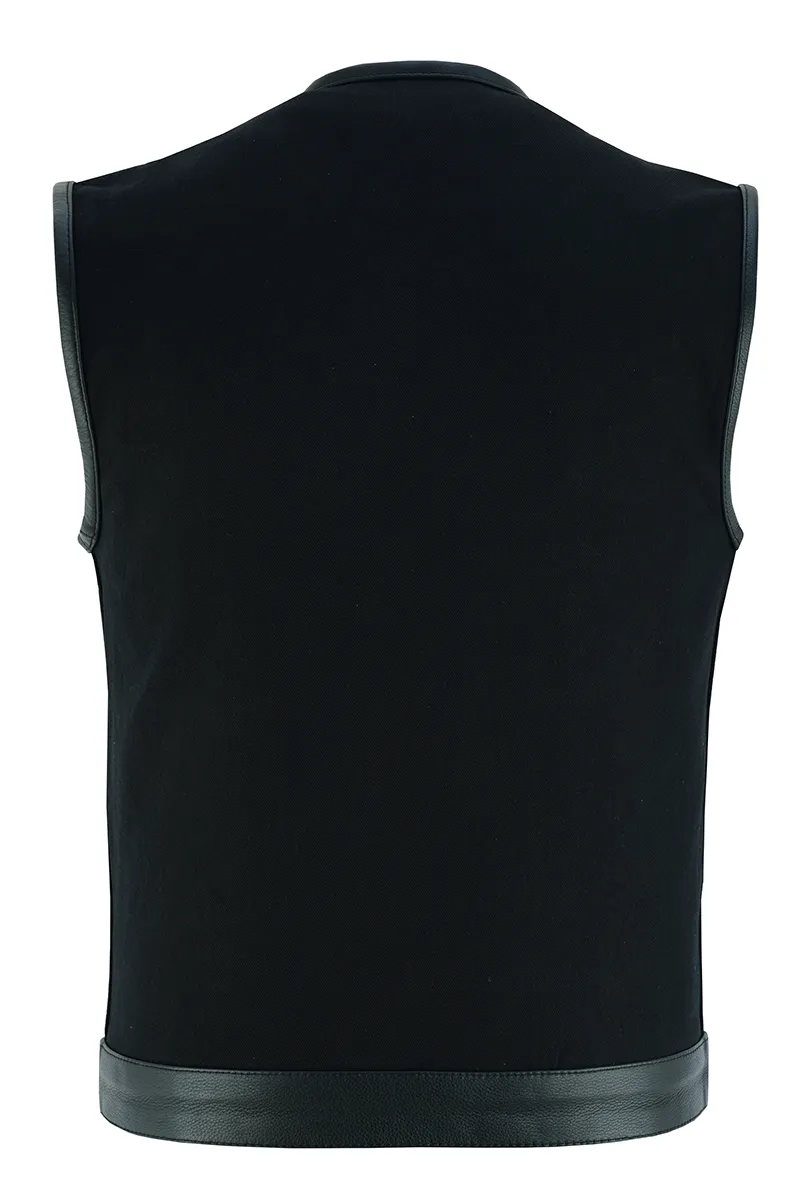 VB919L Denim Black Collarless Club Vest with Leather trims