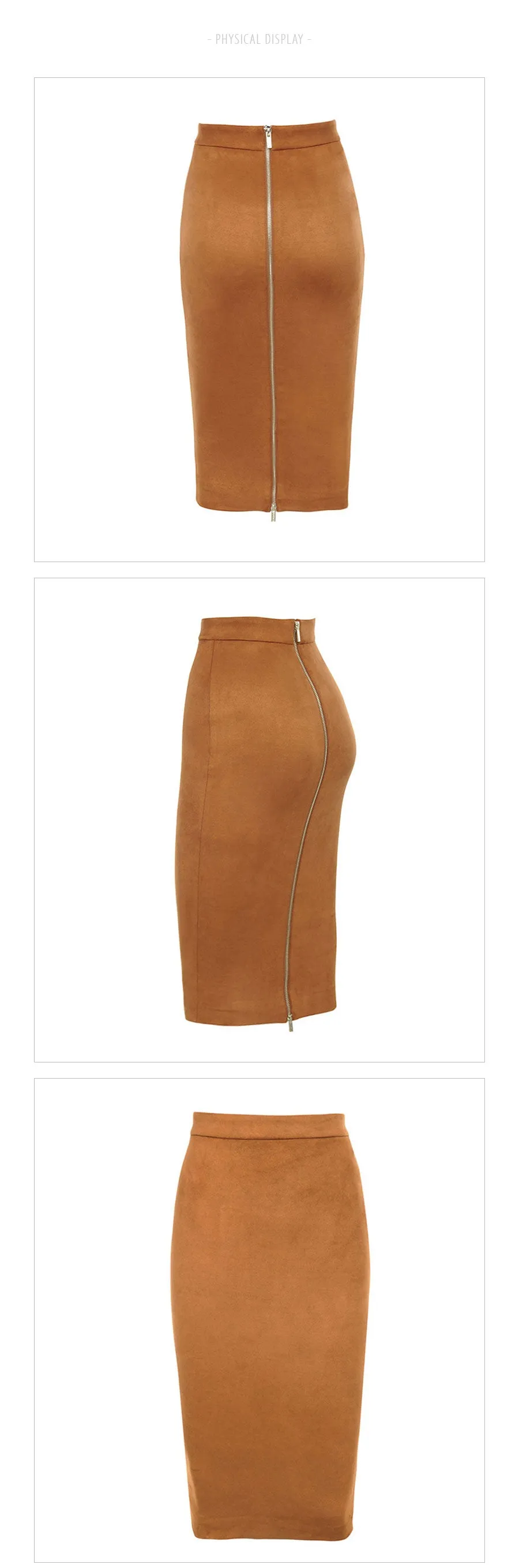 VenusFox Suede Leather Two-way Zipper High Waist Midi Skirt