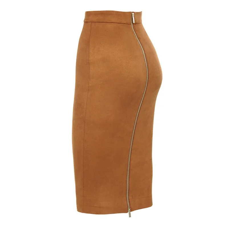 VenusFox Suede Leather Two-way Zipper High Waist Midi Skirt