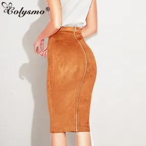 VenusFox Suede Leather Two-way Zipper High Waist Midi Skirt