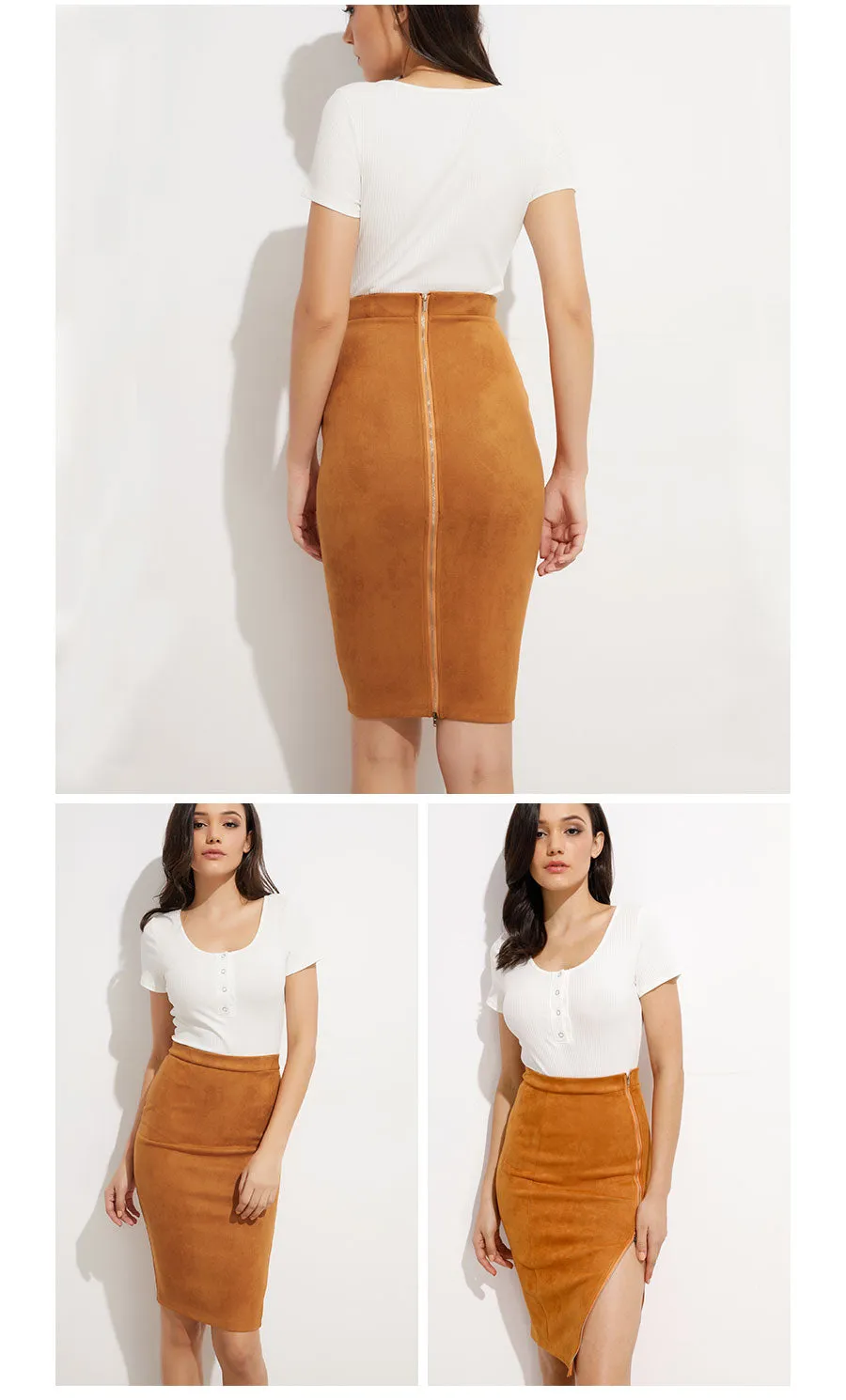 VenusFox Suede Leather Two-way Zipper High Waist Midi Skirt