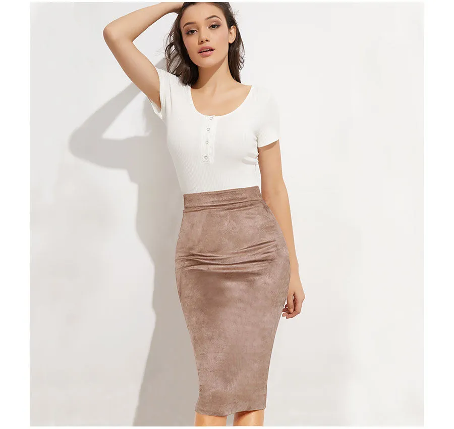 VenusFox Suede Leather Two-way Zipper High Waist Midi Skirt