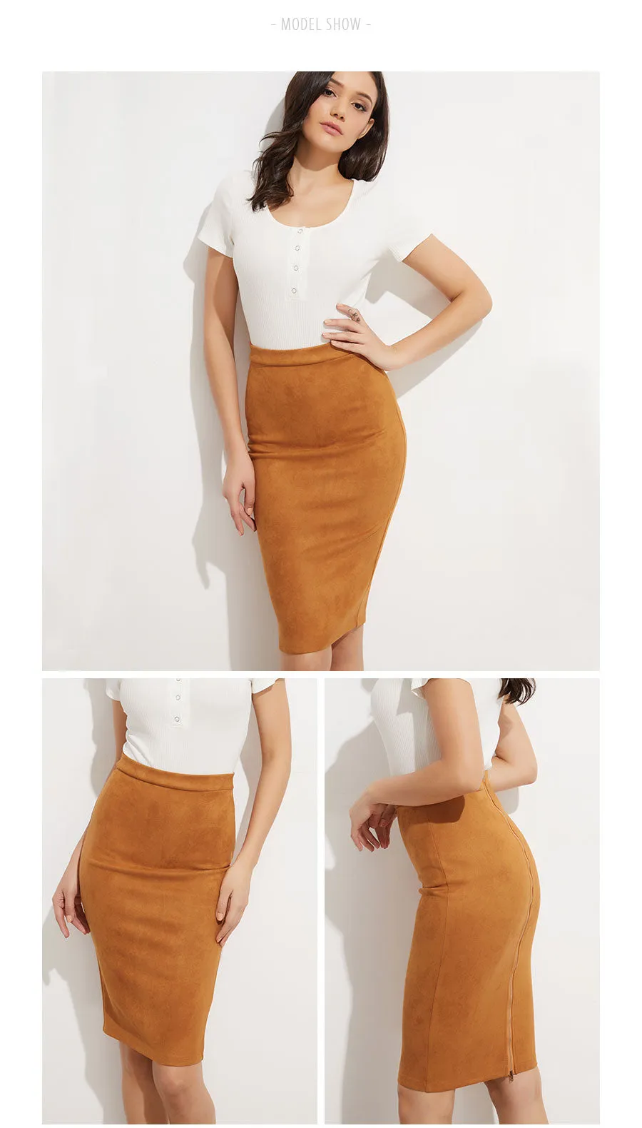 VenusFox Suede Leather Two-way Zipper High Waist Midi Skirt