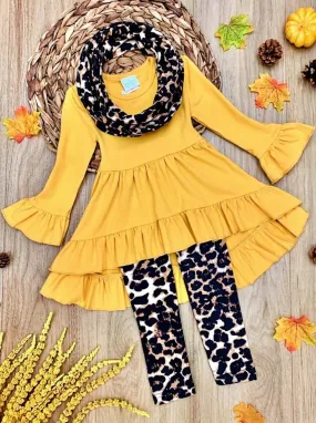 Vibrant Cub Hi-Lo Ruffle Tunic, Leopard Leggings And Scarf Set