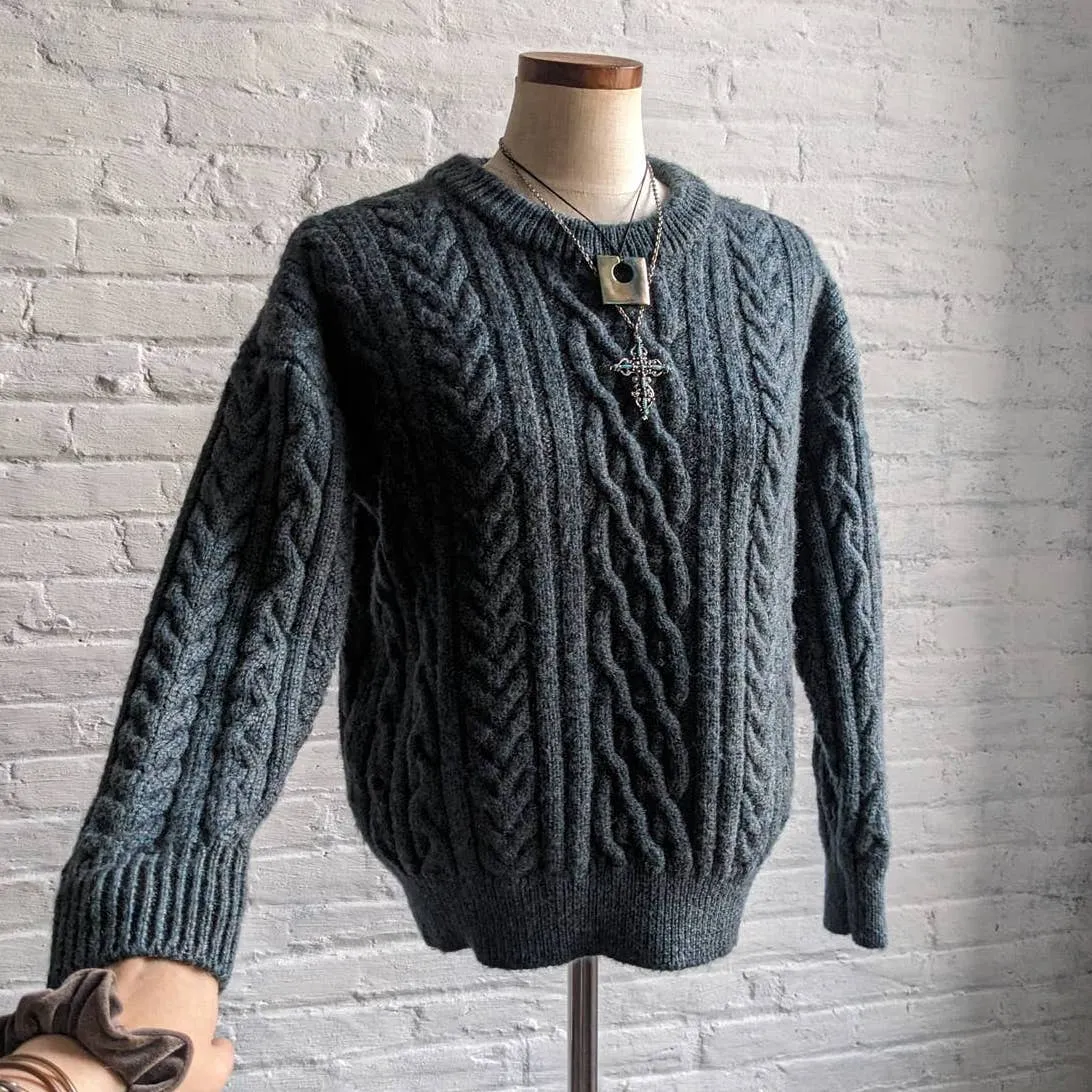 Vintage Chunky Cable Knit Wool Grandpa Sweater Minimalist Grunge Earthtone Top