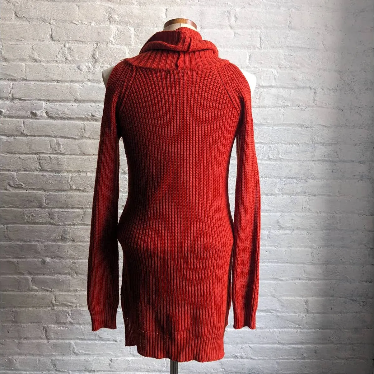 Vintage Chunky Knit Holiday Sweater Dress Minimalist Brick Red Cutout Rust Dress