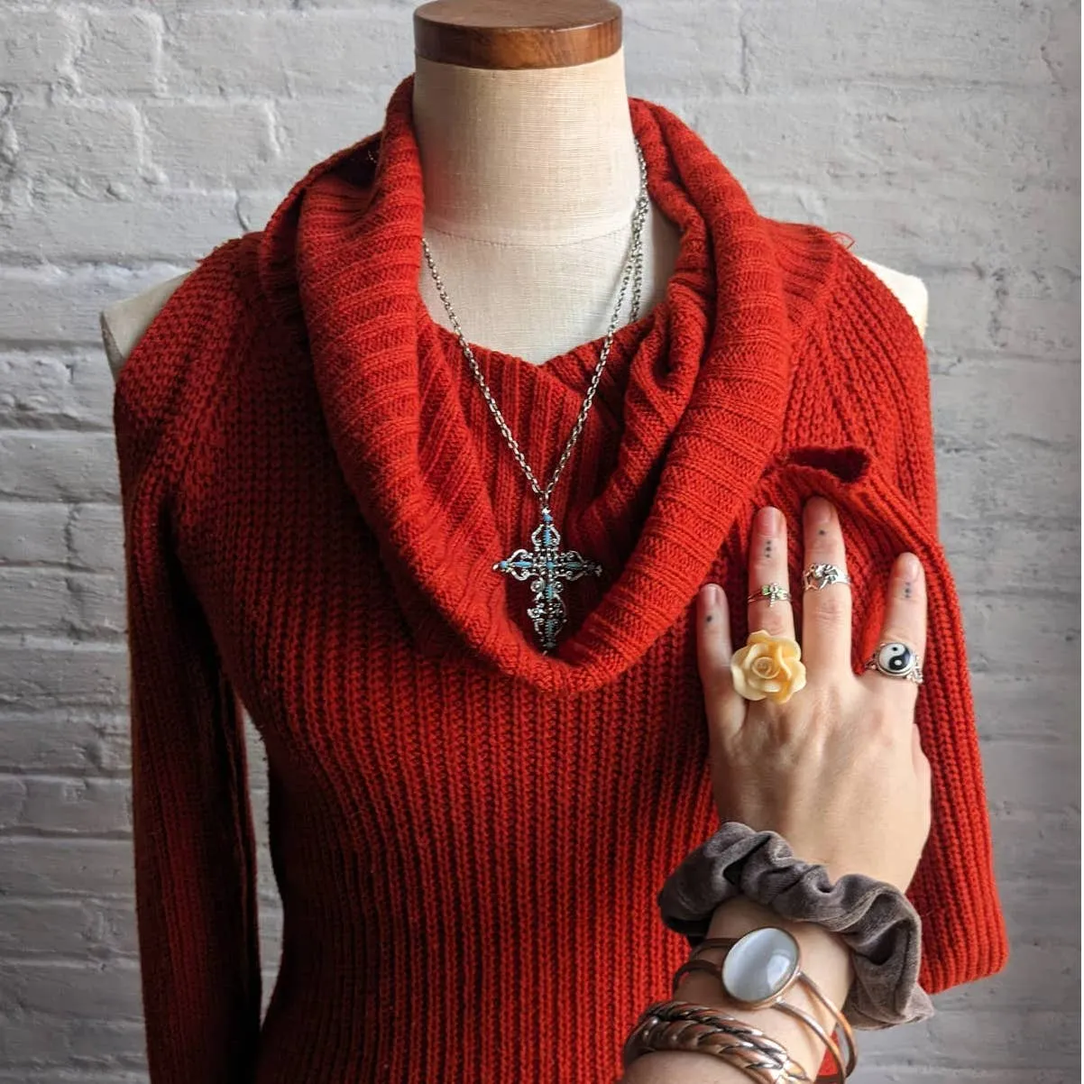 Vintage Chunky Knit Holiday Sweater Dress Minimalist Brick Red Cutout Rust Dress