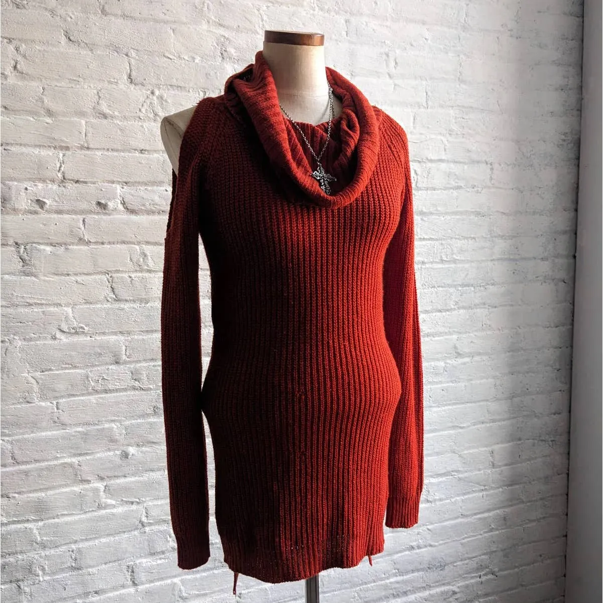 Vintage Chunky Knit Holiday Sweater Dress Minimalist Brick Red Cutout Rust Dress