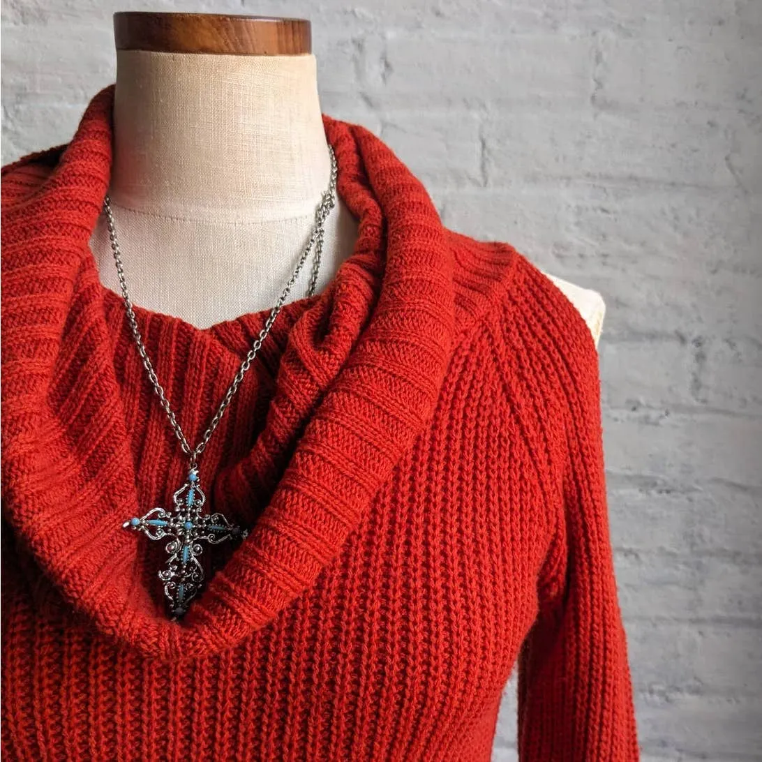 Vintage Chunky Knit Holiday Sweater Dress Minimalist Brick Red Cutout Rust Dress