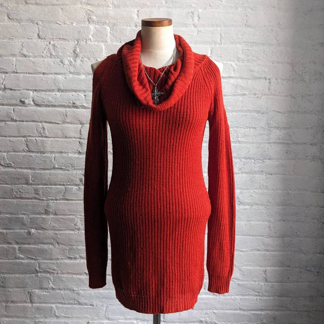 Vintage Chunky Knit Holiday Sweater Dress Minimalist Brick Red Cutout Rust Dress