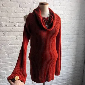 Vintage Chunky Knit Holiday Sweater Dress Minimalist Brick Red Cutout Rust Dress