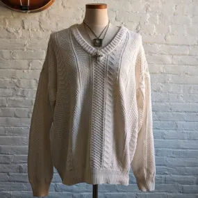 Vintage Neutral Chunky Cable Knit Grandpa Sweater Minimalist White Boho Chic Top