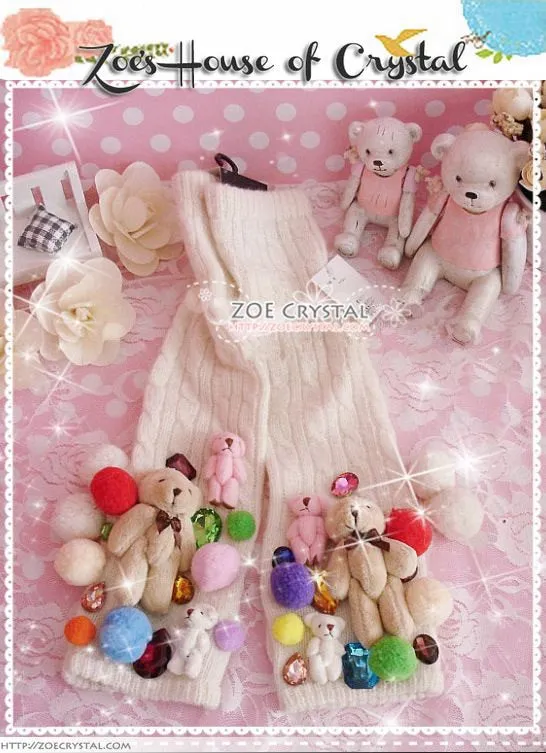 WINTER White Wool  ARM WARMERS with Teddy Bear and Furballs