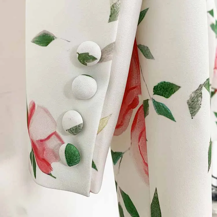 Women Double Breasted White Floral Printed Blazer Skirt Suit