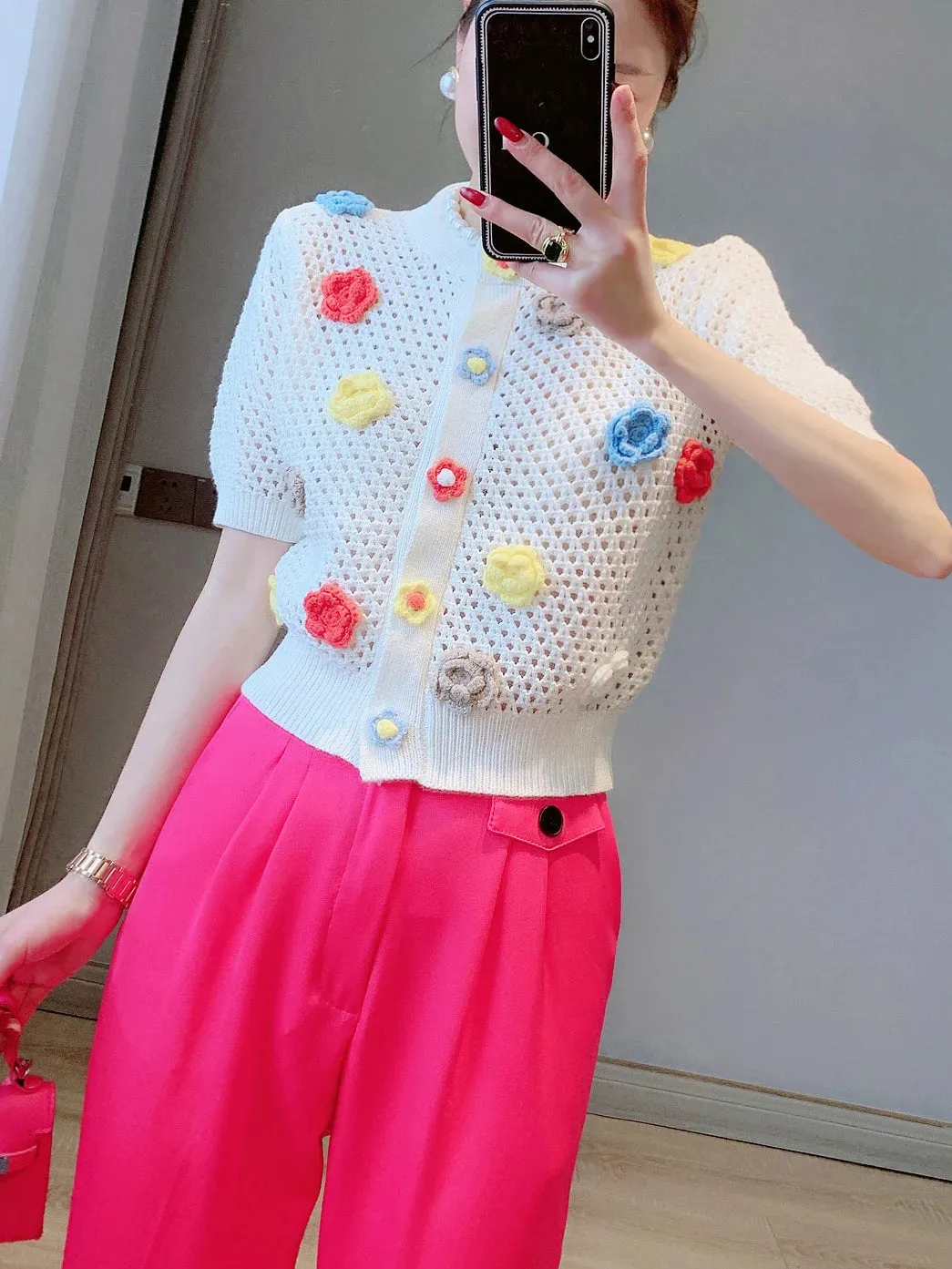 Women Fashion Ribbed Trims Floral Knitted Sweater Vintage Short Sleeve Button-up Female Cardigan Chic Tops  C-004