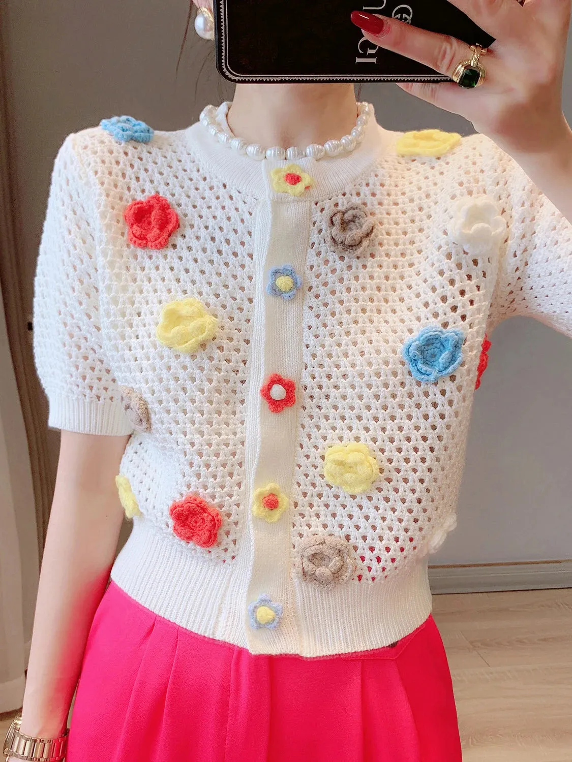 Women Fashion Ribbed Trims Floral Knitted Sweater Vintage Short Sleeve Button-up Female Cardigan Chic Tops  C-004