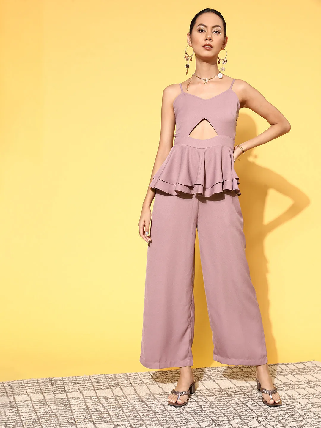 Women Lavender Strappy Peplum Layered Jumpsuit