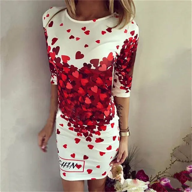 Women Summer Dresses New 2017 Casual Sexy Heart Cartoon Print Bodycon Pencil Woman Party Club Milk Silk Mini Dress Robe Vestidos