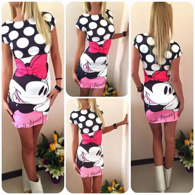 Women Summer Dresses New 2017 Casual Sexy Heart Cartoon Print Bodycon Pencil Woman Party Club Milk Silk Mini Dress Robe Vestidos