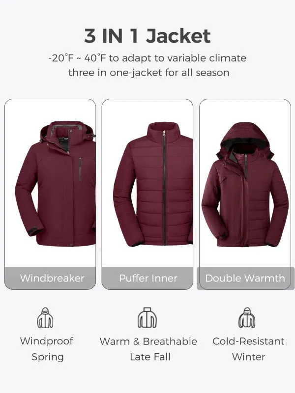 Women's 3 in 1 Plus Size Winter Coats Waterproof Ski Jacket Hooded Snowboarding Jacket