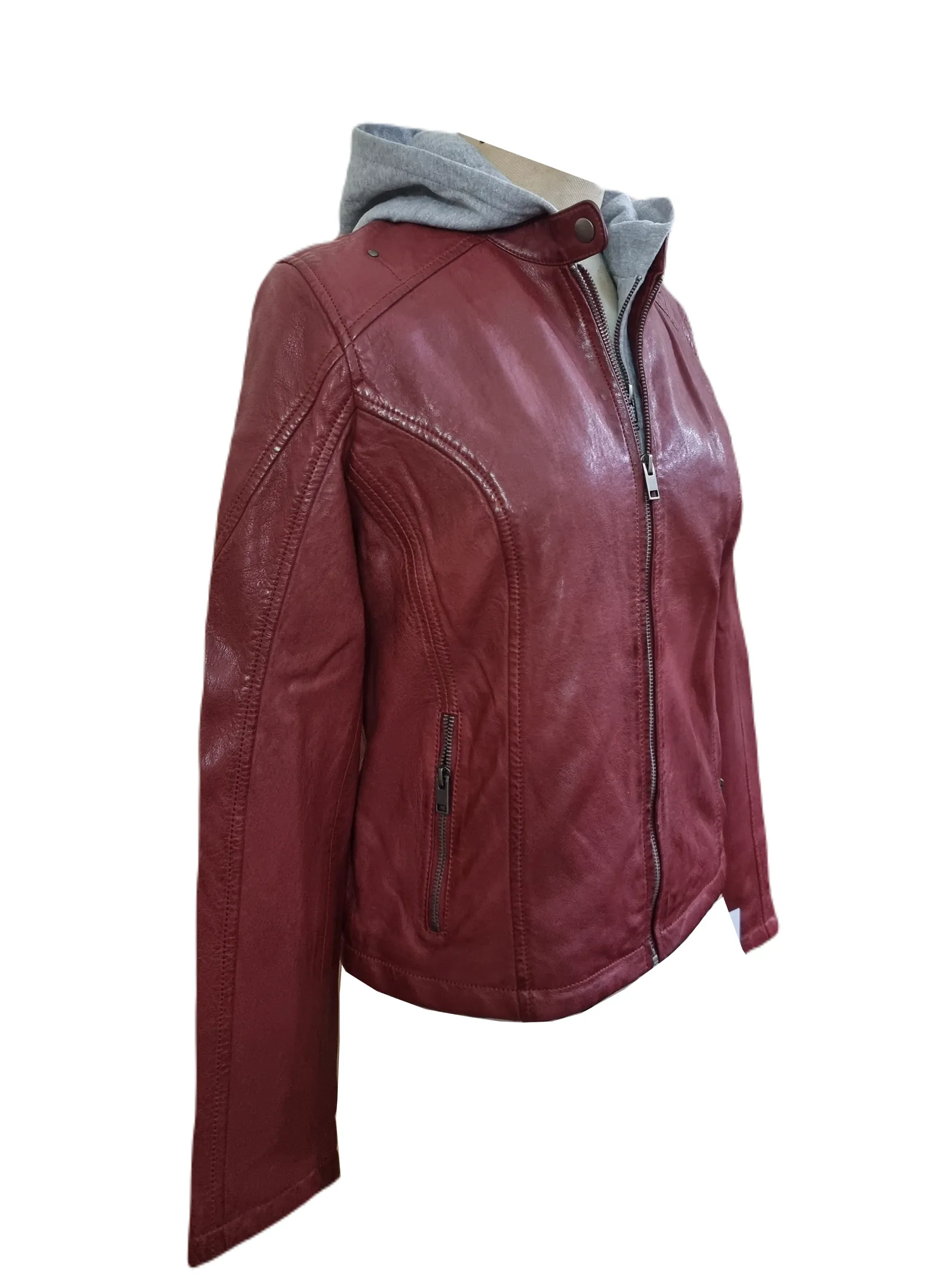 Womens Hooded Red Jacket Biker Style Handmade Real Sheep Leather Jacket - ELF52