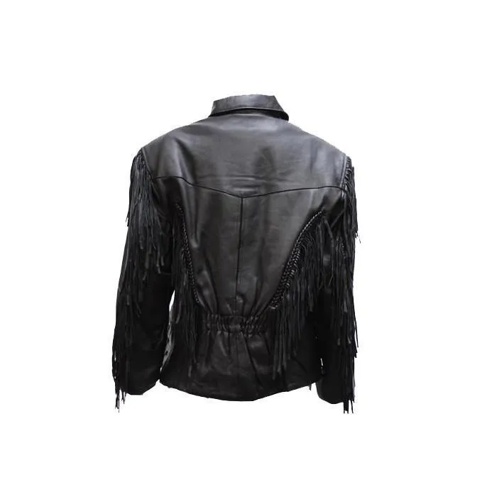 Women's Leather Motorcycle Jacket With Braid & Fringes, LJ246-01-DL