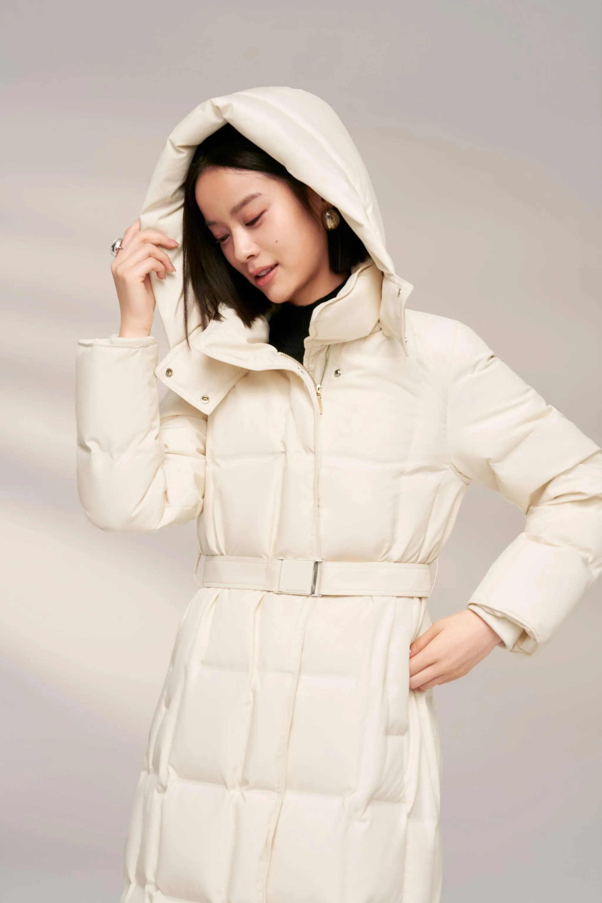 Women’s Patterned Long Goose Down Coat With Belt