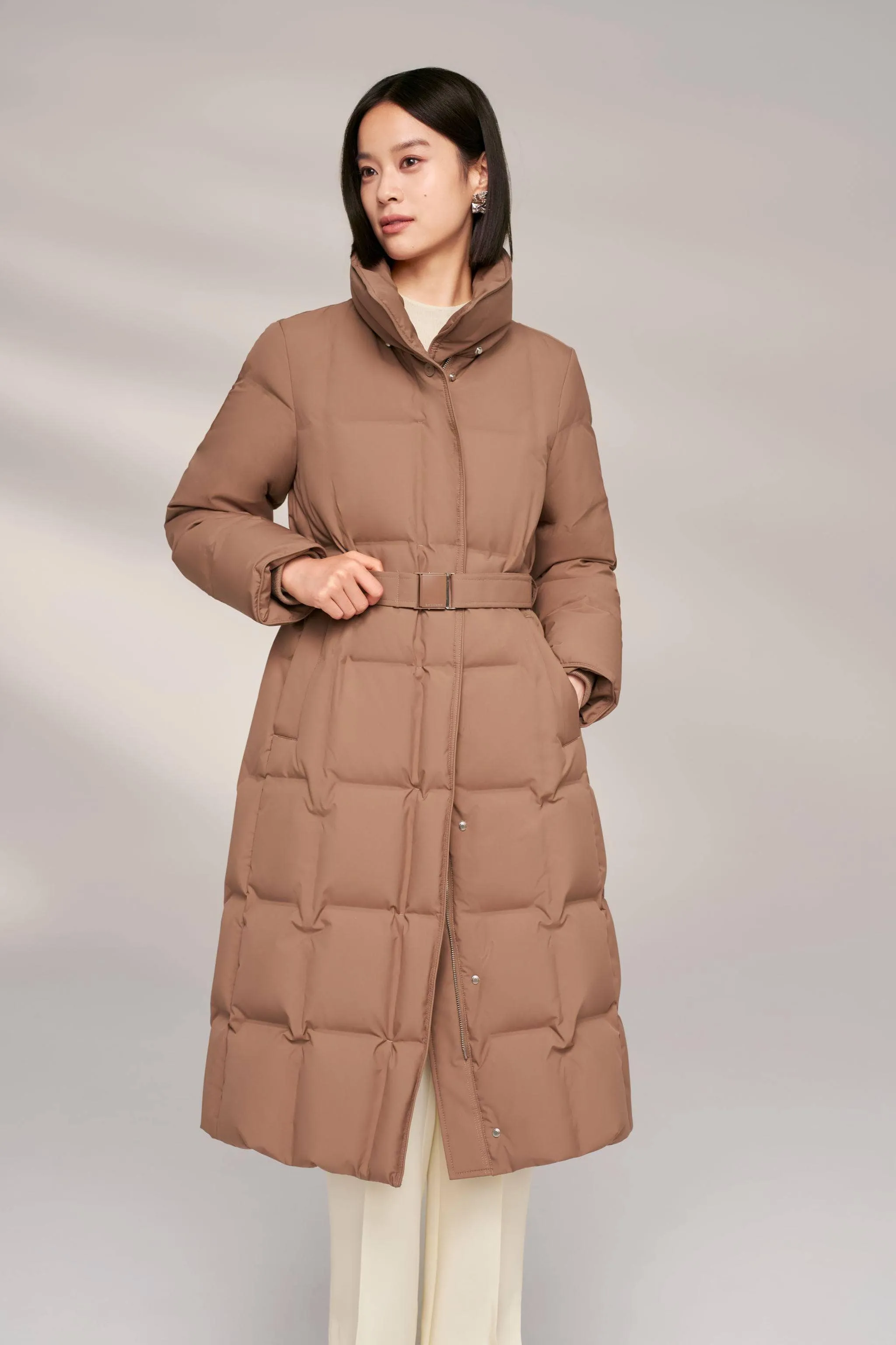 Women’s Patterned Long Goose Down Coat With Belt