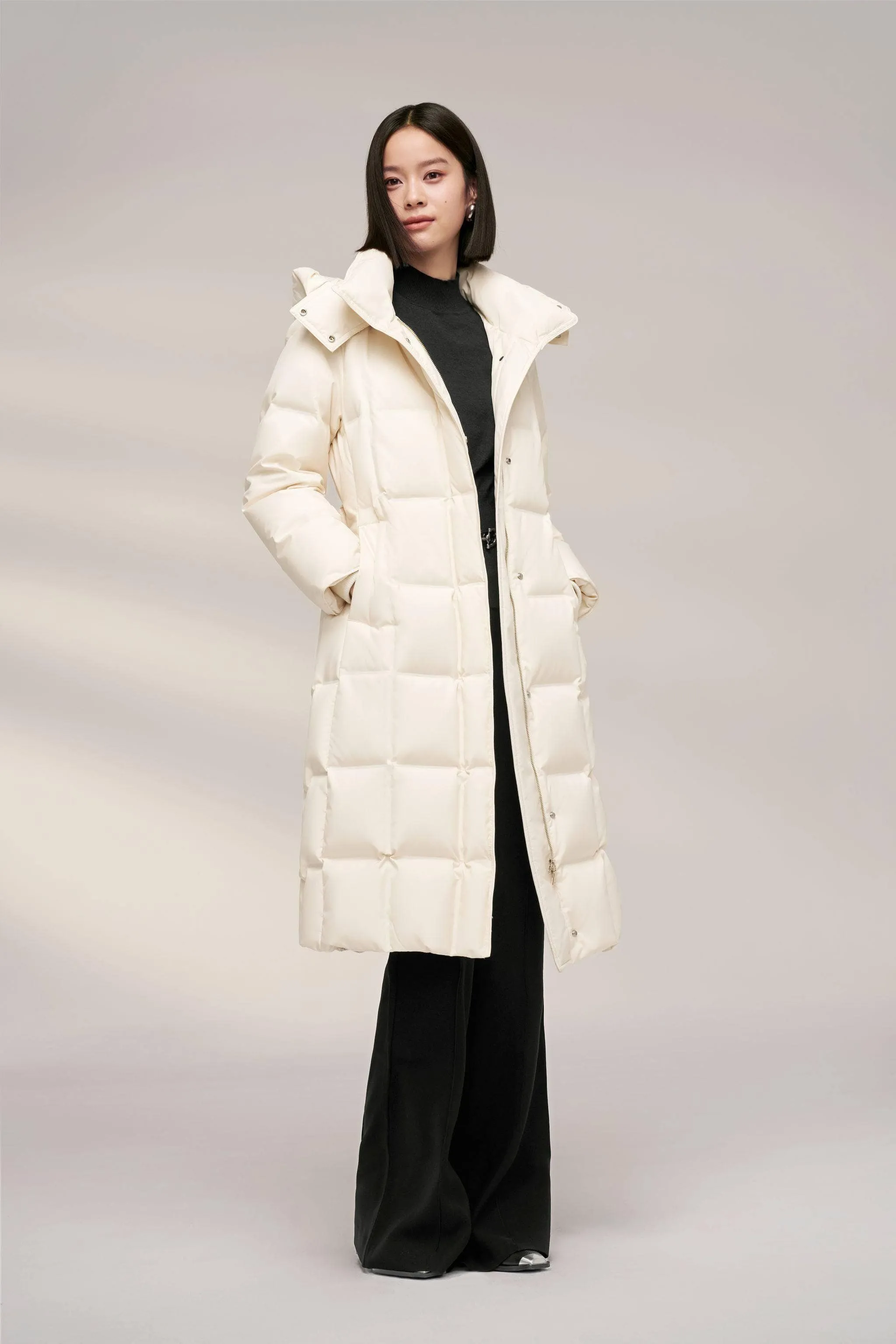 Women’s Patterned Long Goose Down Coat With Belt