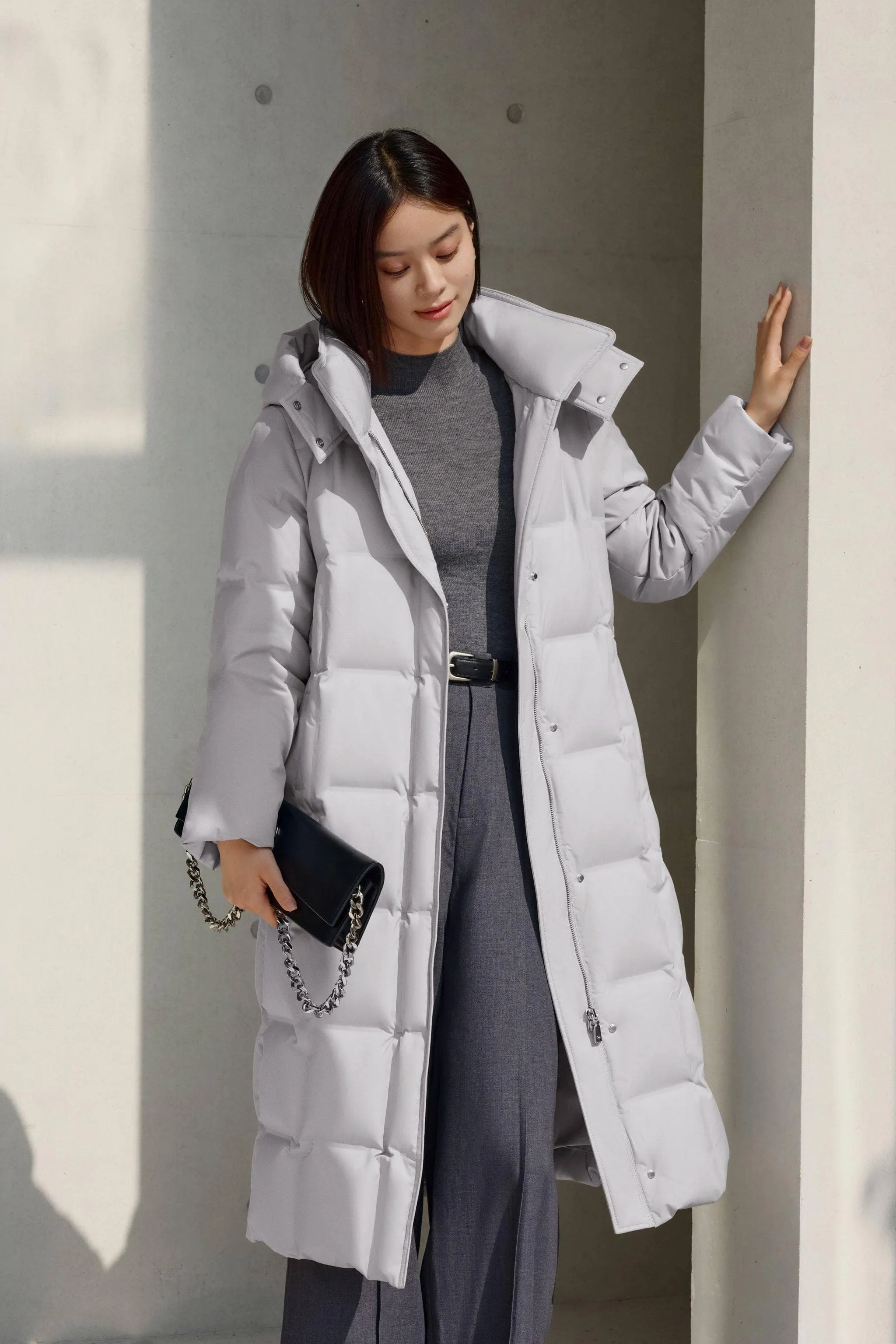 Women’s Patterned Long Goose Down Coat With Belt