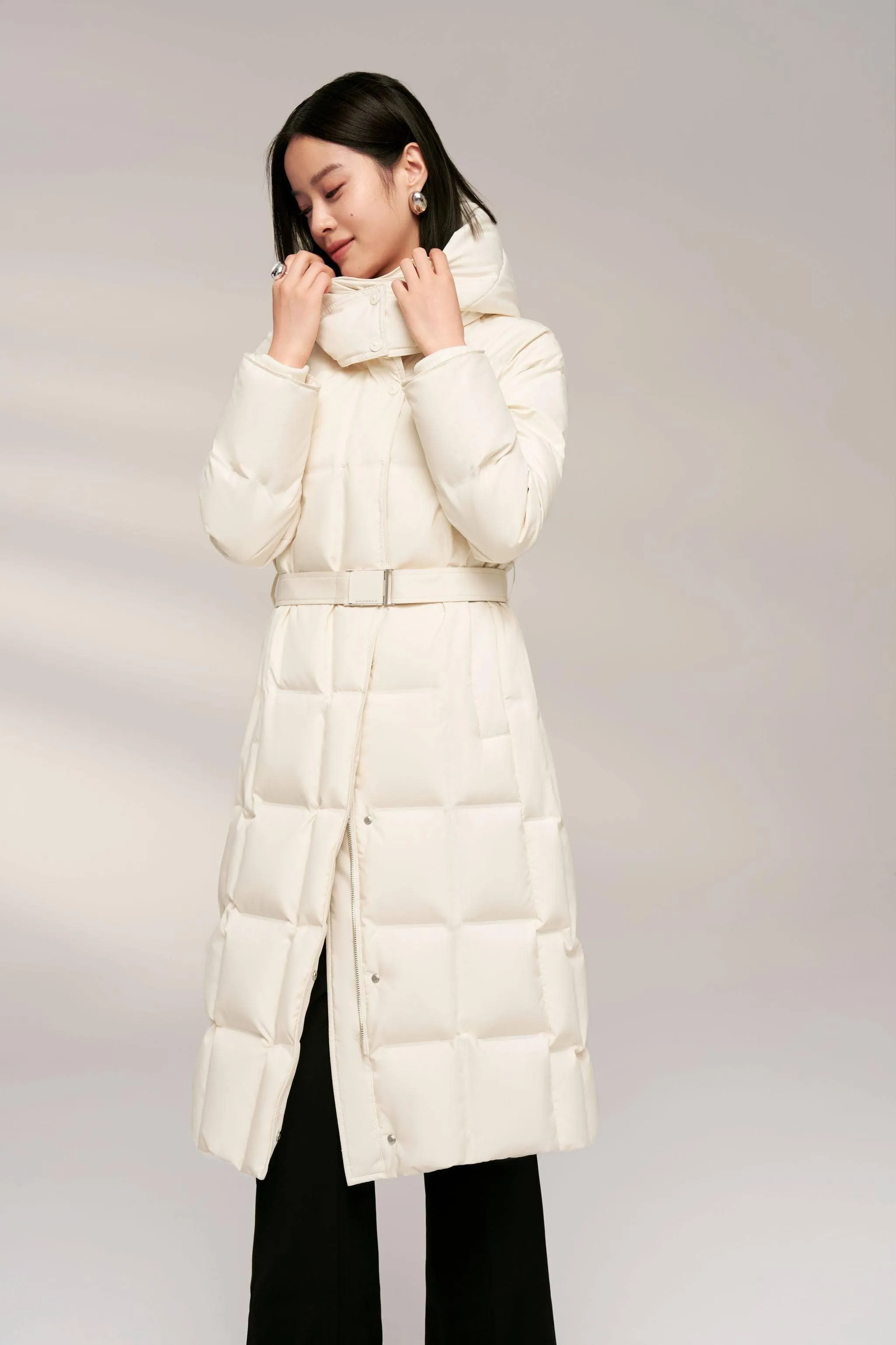 Women’s Patterned Long Goose Down Coat With Belt