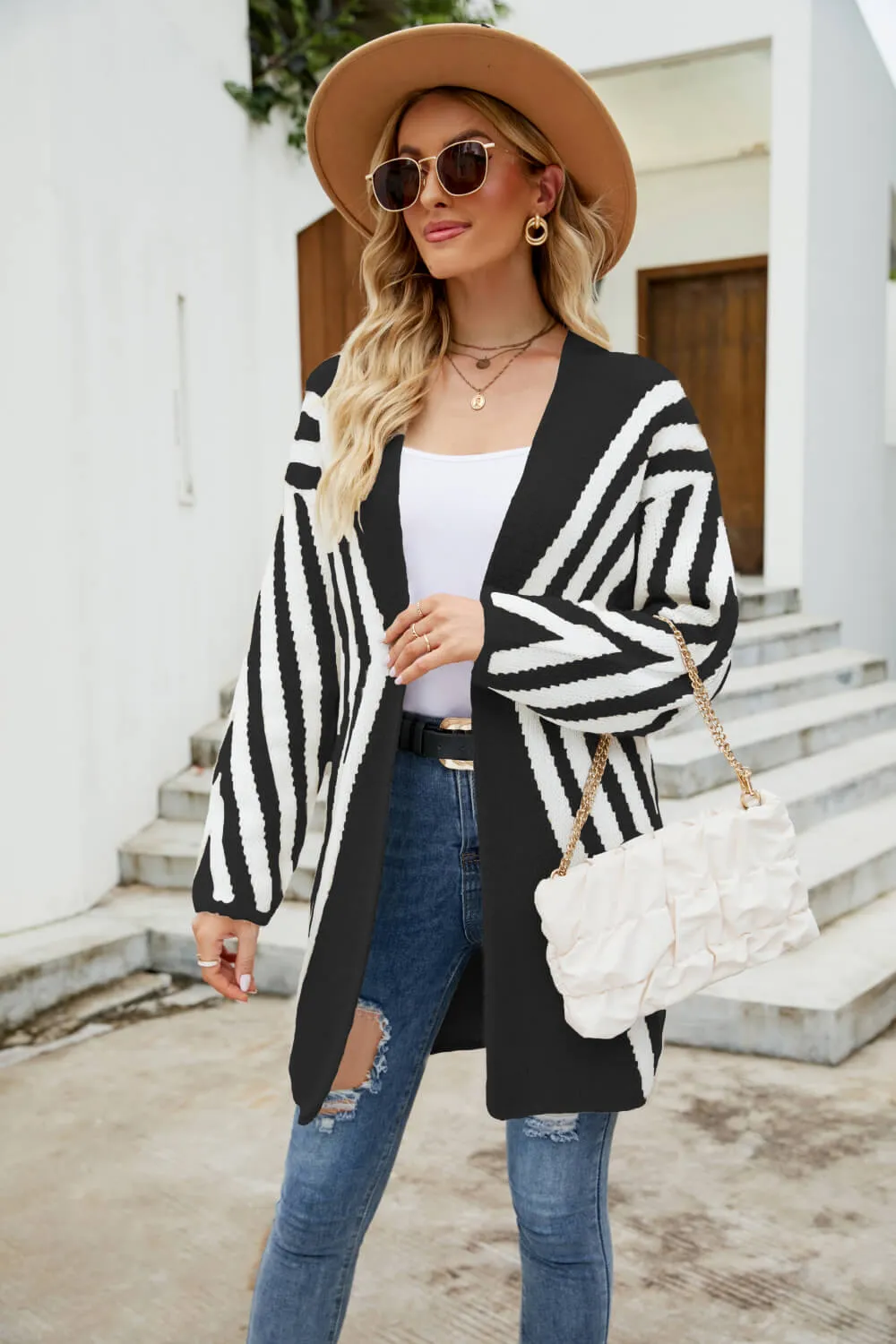 Woven Right Two-Tone Open Front Fuzzy Longline Cardigan