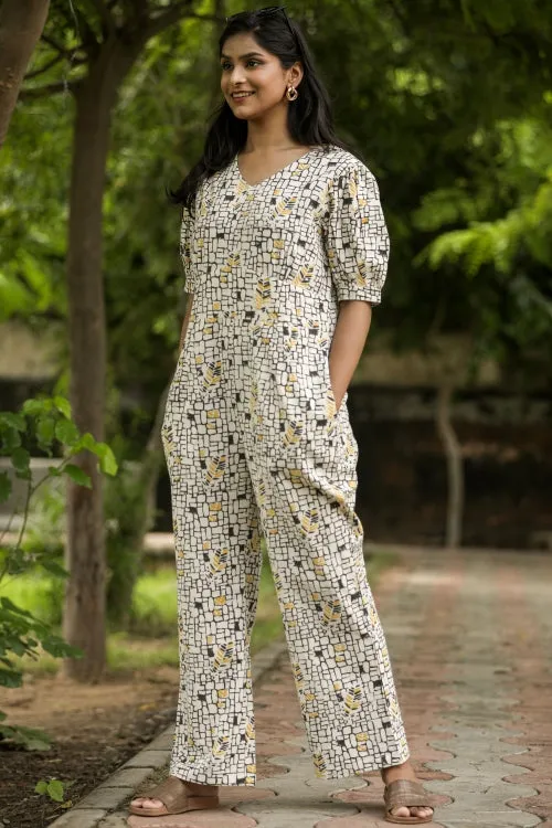 Yellow Black Bee Hand Block Printed Jumpsuit