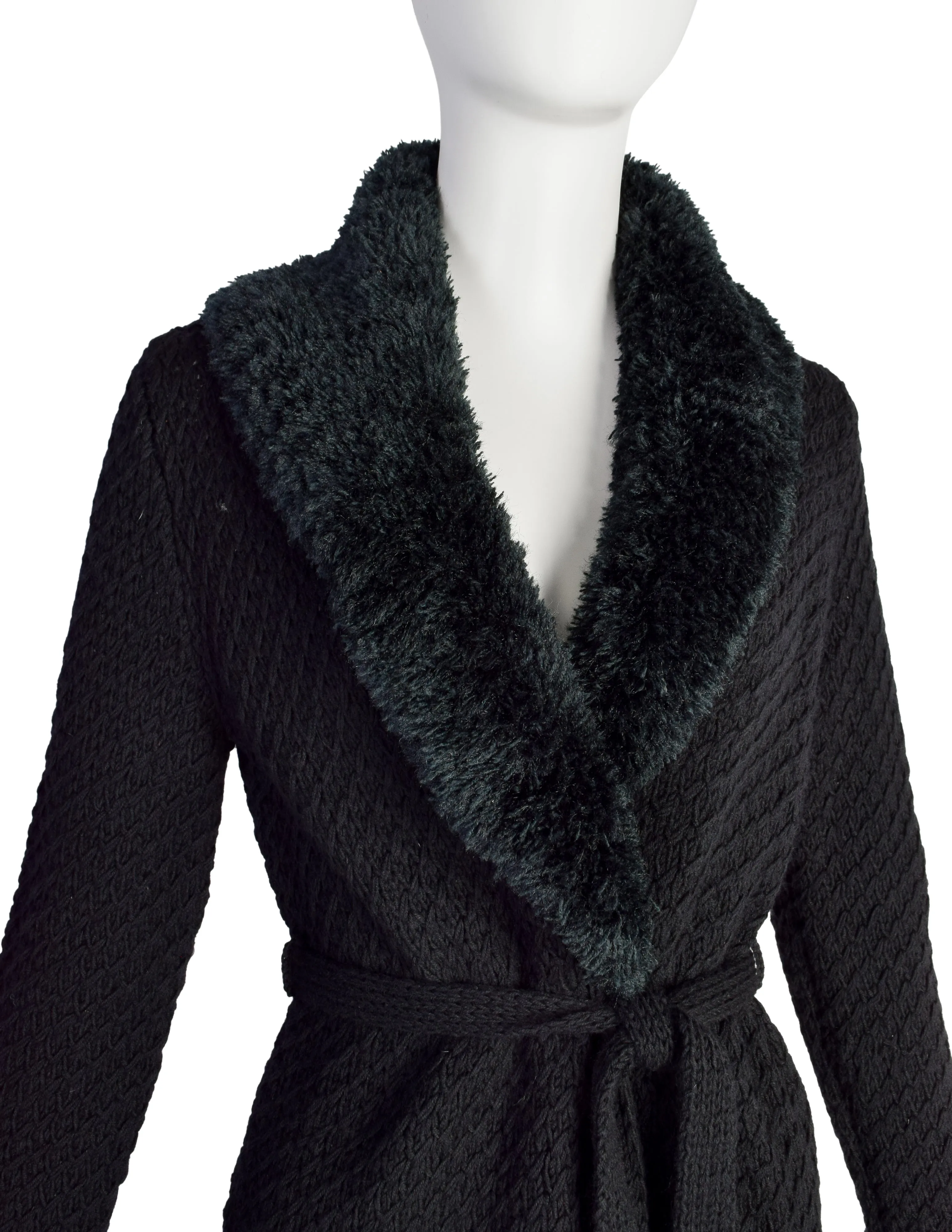 Yves Saint Laurent Vintage 1970s Black and Green Knit Wool fringed Collar Wrap Sweater