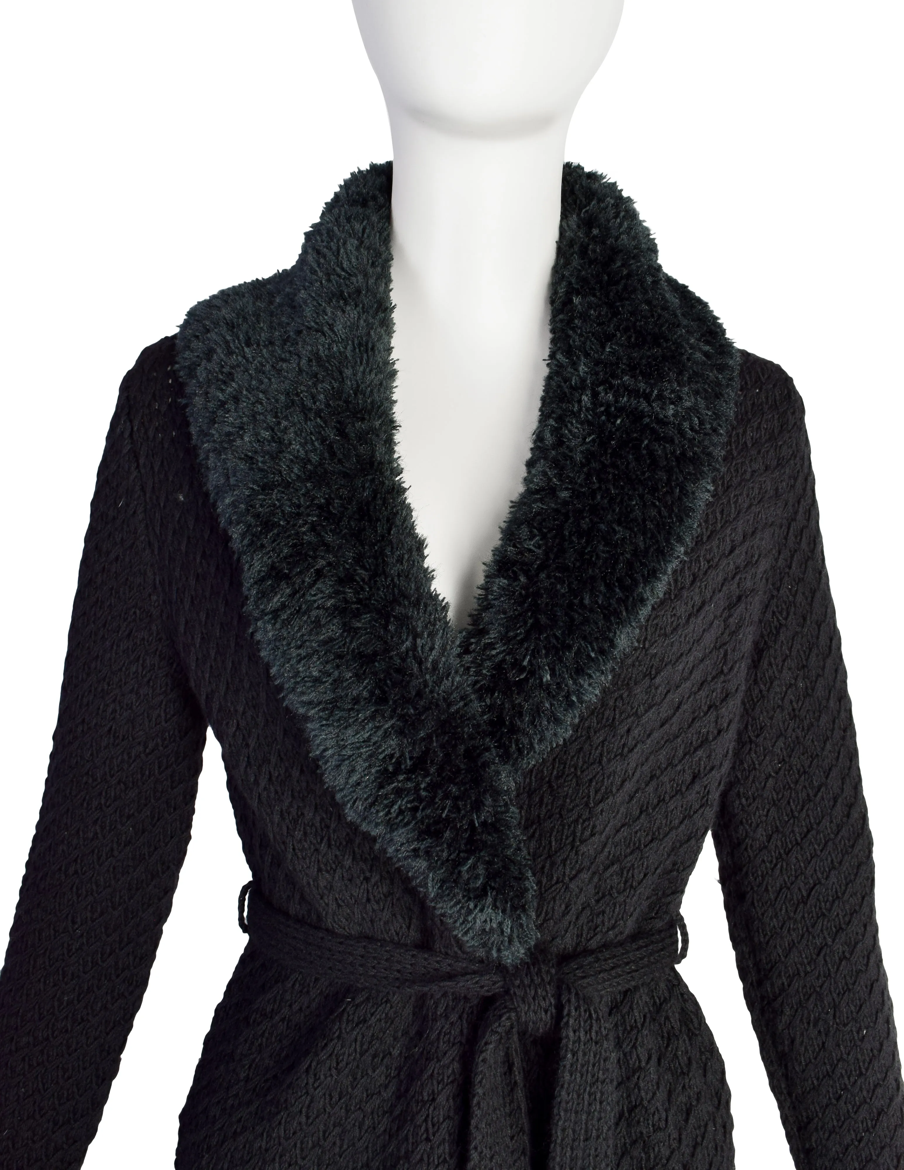 Yves Saint Laurent Vintage 1970s Black and Green Knit Wool fringed Collar Wrap Sweater