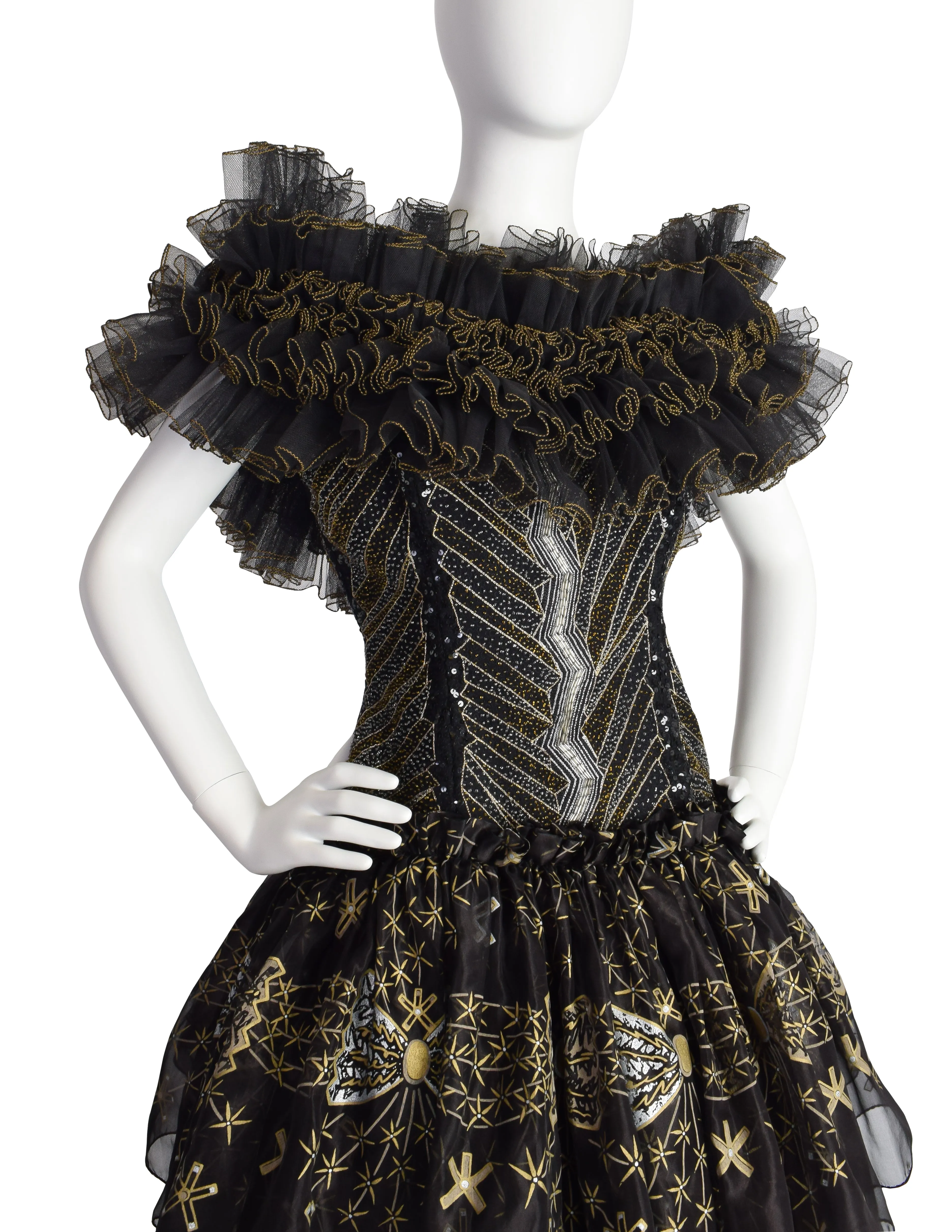 Zandra Rhodes Vintage 1988 Black Silver Gold Beaded Silk Ruffle Party Dress