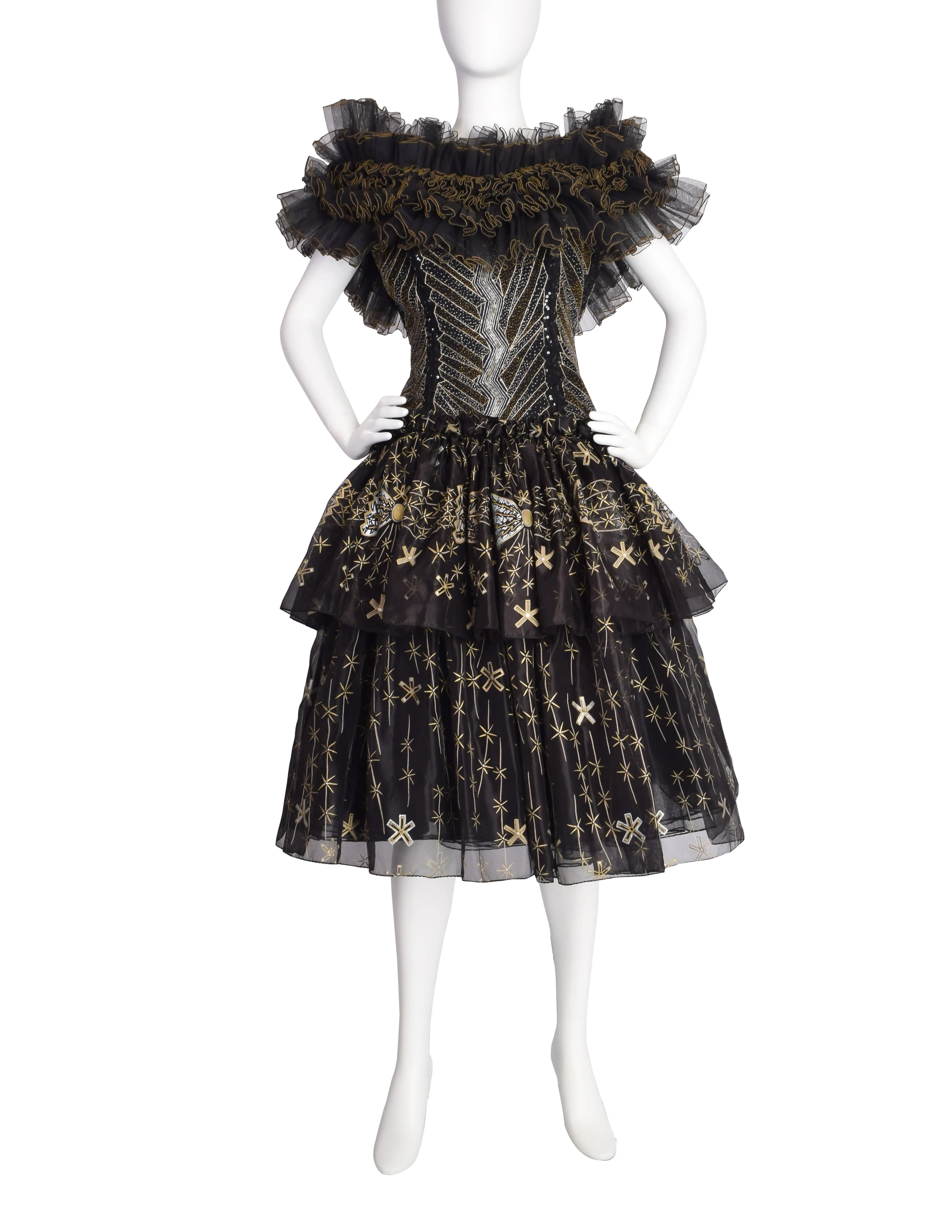 Zandra Rhodes Vintage 1988 Black Silver Gold Beaded Silk Ruffle Party Dress