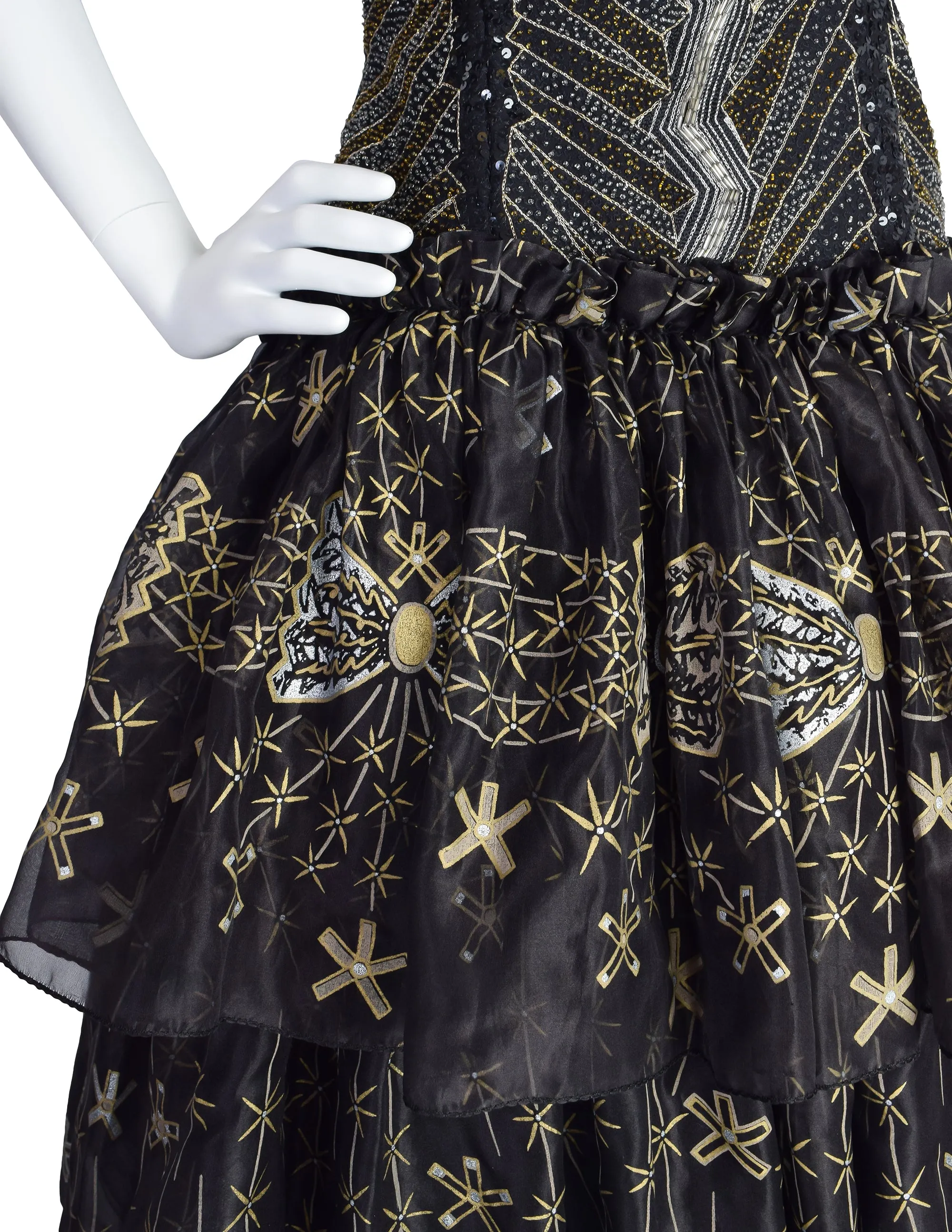 Zandra Rhodes Vintage 1988 Black Silver Gold Beaded Silk Ruffle Party Dress