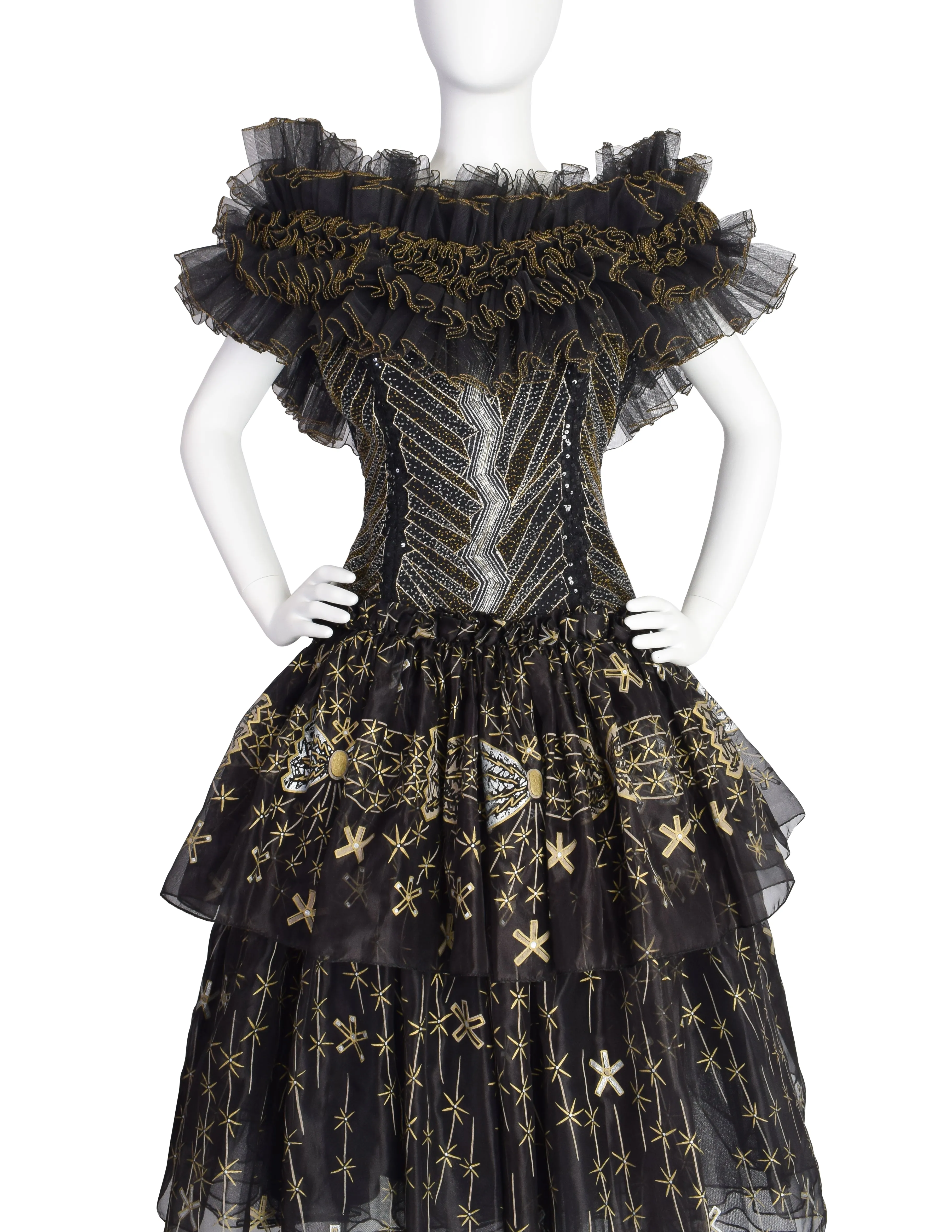 Zandra Rhodes Vintage 1988 Black Silver Gold Beaded Silk Ruffle Party Dress