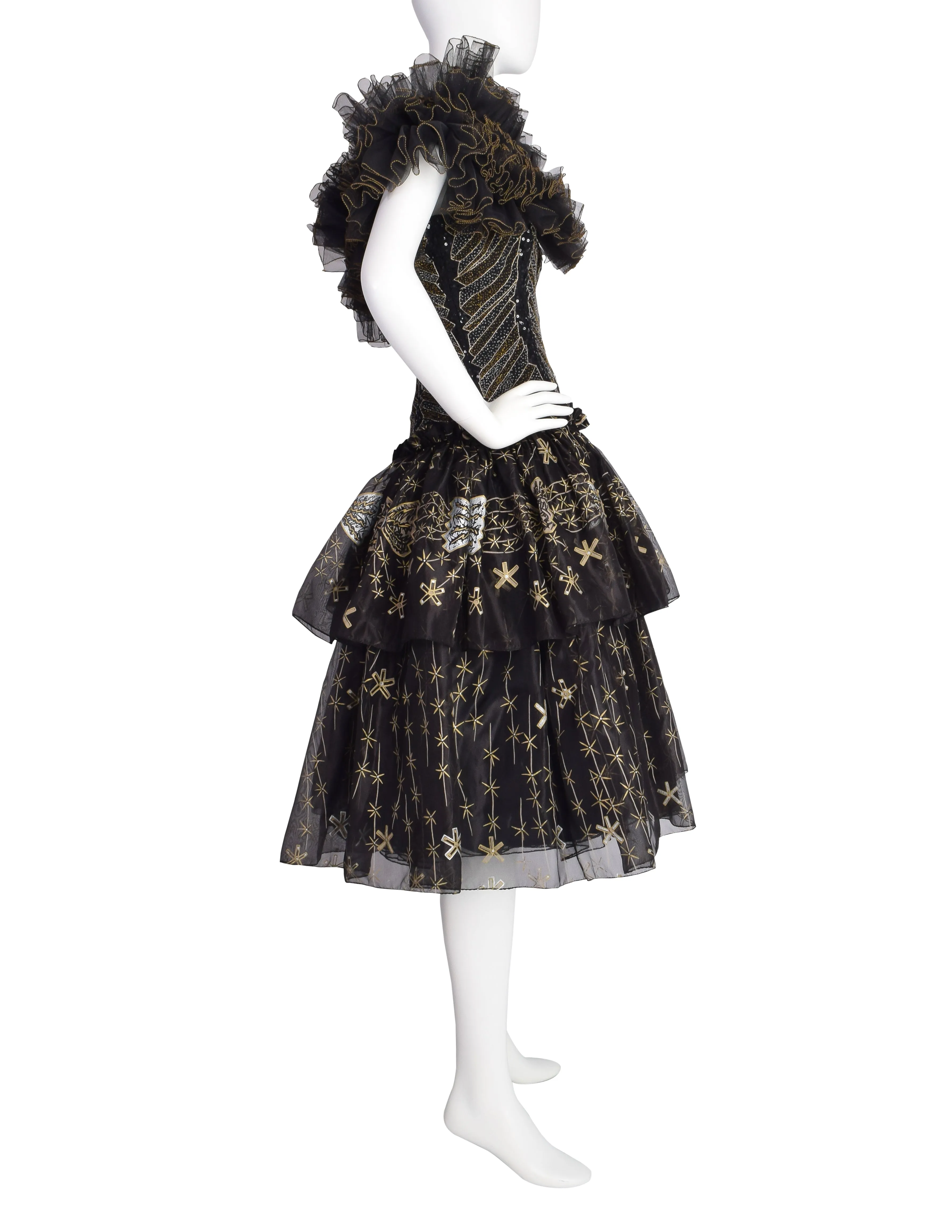 Zandra Rhodes Vintage 1988 Black Silver Gold Beaded Silk Ruffle Party Dress