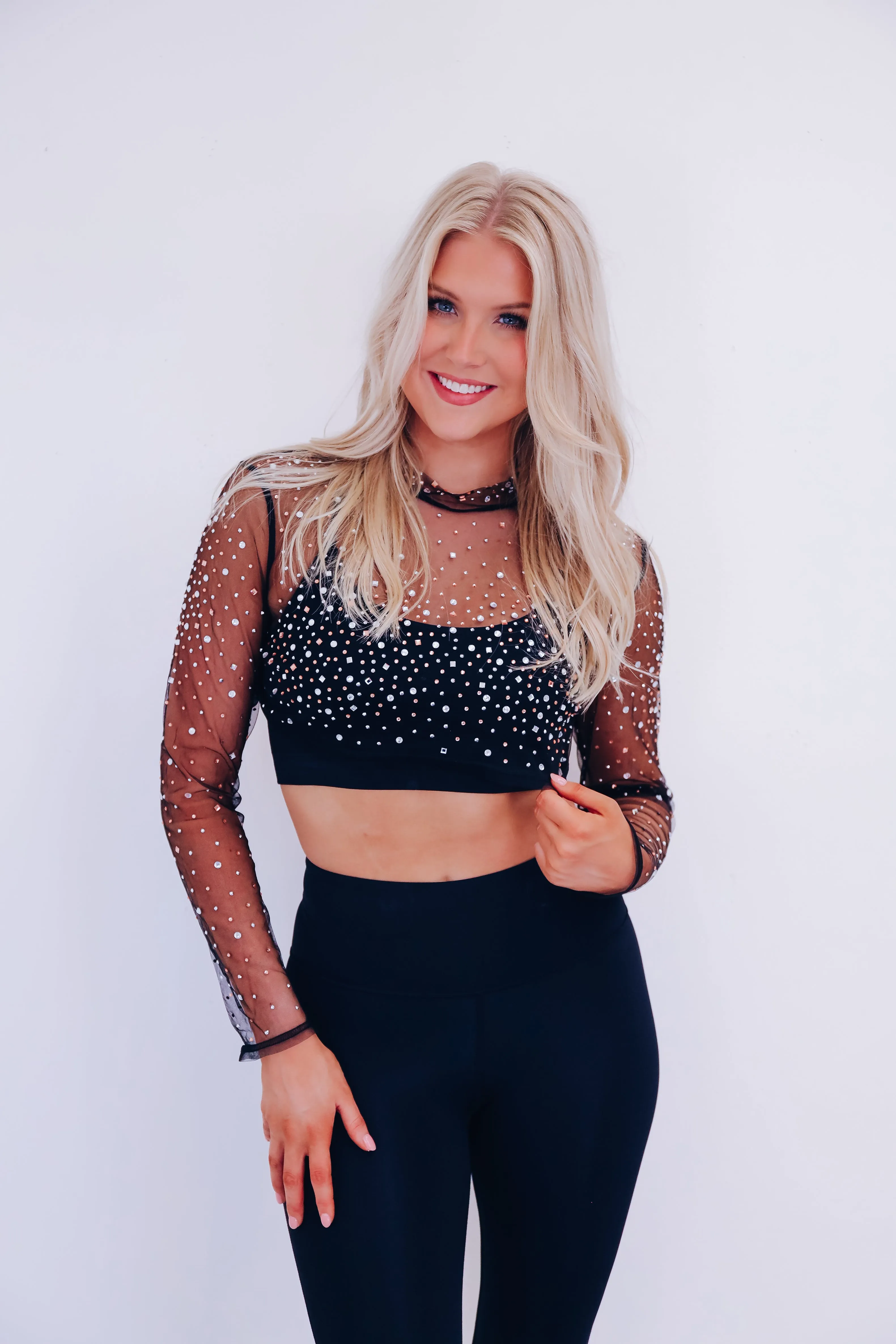 Zarha Rhinestone Mesh Crop Top - Black