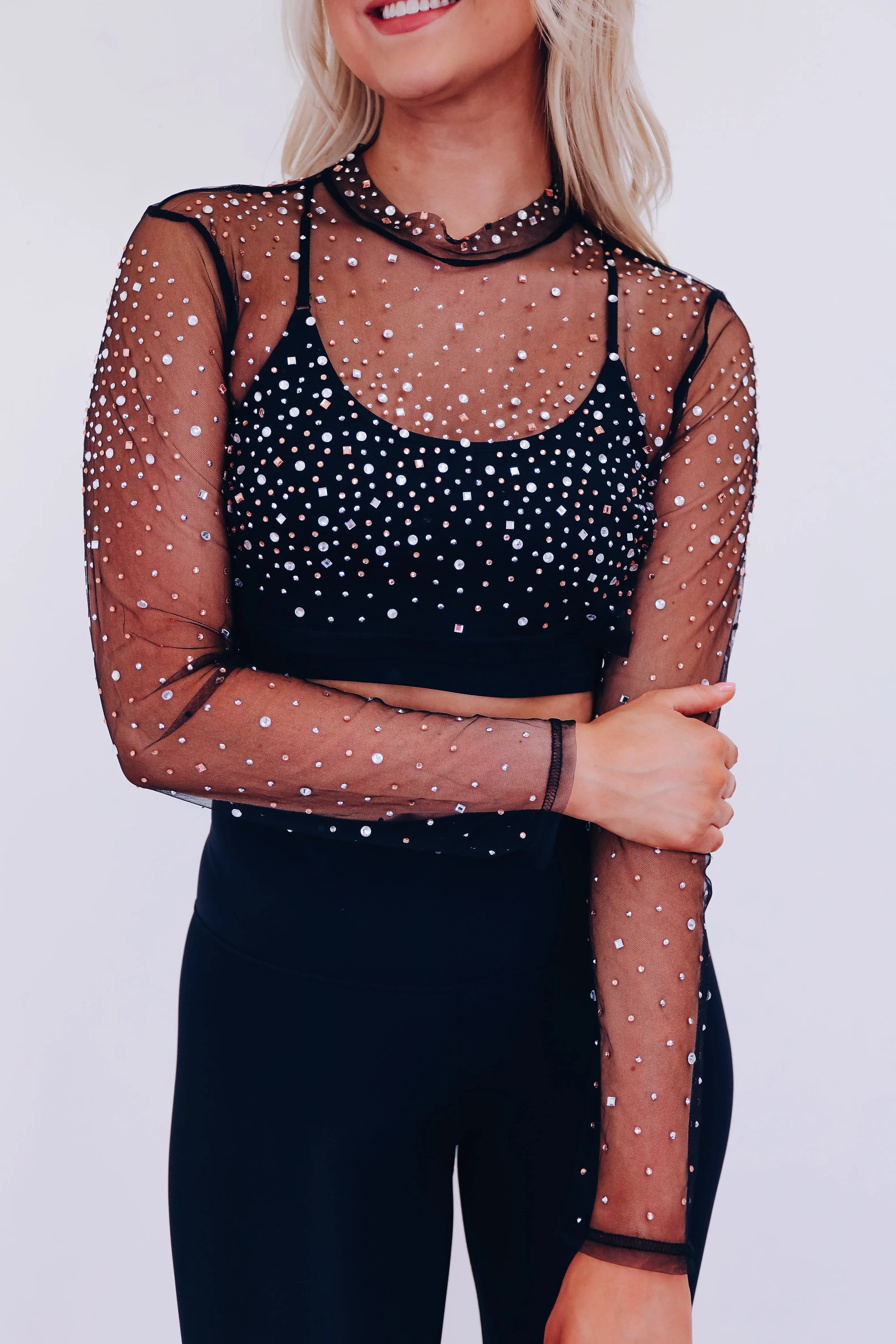 Zarha Rhinestone Mesh Crop Top - Black